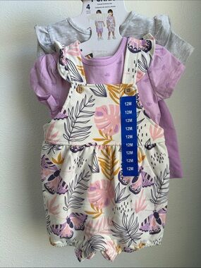 Peckle Overall and Shorts Leaf & Butterfly Set in Pink & Lavender
